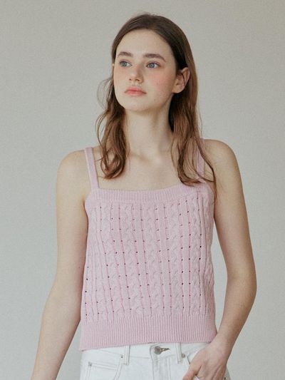 YUPPE Lace Ribbon Sleeveless Cable Knit Top [Pink]