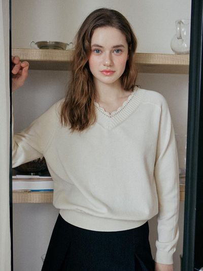 YUPPE Lace V Neck Cotton Cashmere Knit [Beige]