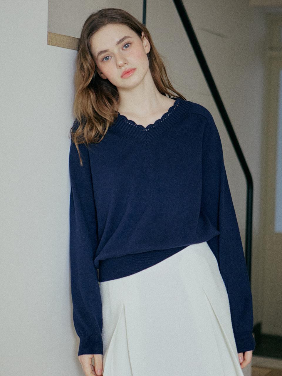 YUPPE Lace V Neck Cotton Cashmere Knit [Navy]