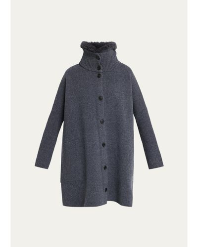 Yves Salomon Goat Shearling Collar Oversized Wool Knit Coat