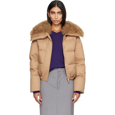 Yves Salomon Yves Salomon Beige Waterproof Technical Lambswool Trim Short Down Jacket
