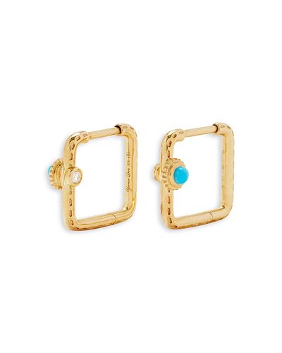 Yvonne Leon Yvonne Leon 9K Yellow Gold Paire de Creoles Mini Gousset Turquoise & Gray Diamond Square Hoop Earrings