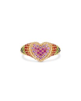 Yvonne Leon Yvonne Leon 9K Yellow Gold Rainbow Sapphire & Tsavorite Heart Signet Ring