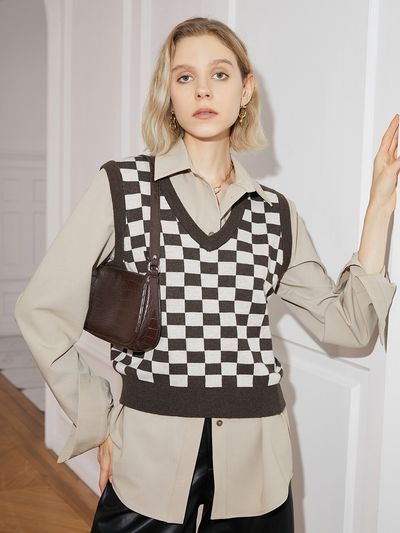 yyiam Checkerboard V-neck Knit Vest_White