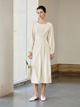 yyiam Cinched Waist Crew Neck Polyester Dress