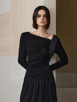 yyiam Pleated Long Sleeve Polyester Top [BLACK]