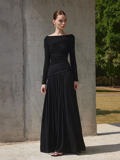 yyiam Pleated Slim Temperament Maxi Skirt [BLACK]