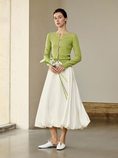 yyiam Satin Midi Elastic Waist Skirt