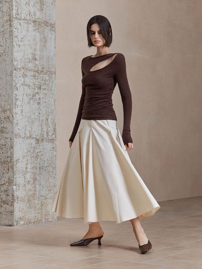 yyiam Temperament Pleated Draped Beige Skirt