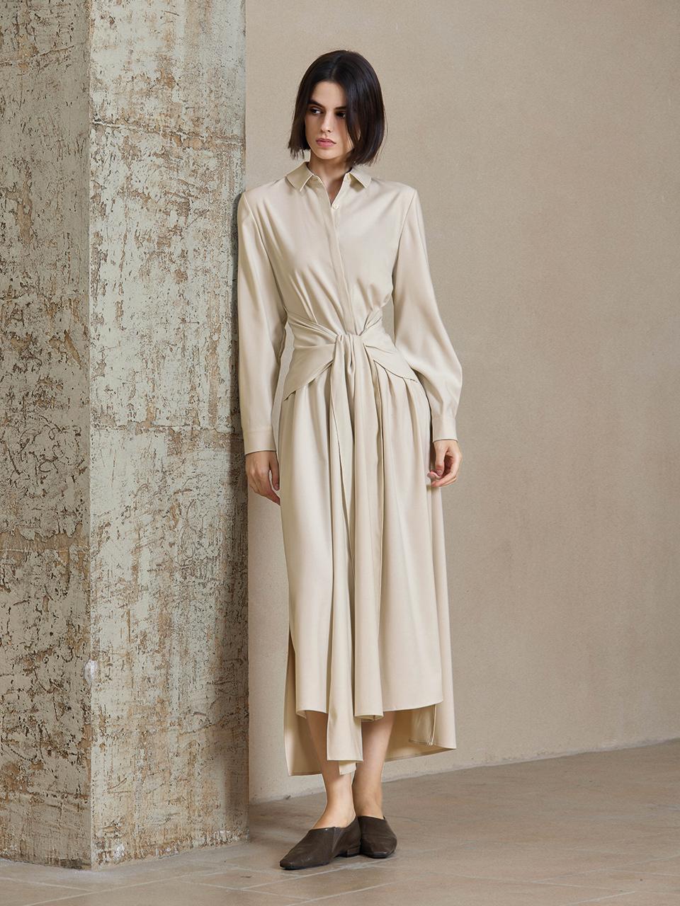 yyiam Tie Waist Long Sleeve Midi Shirt Dress [Light Beige, Blue]