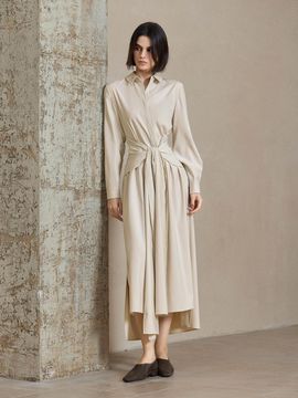 yyiam Tie Waist Long Sleeve Midi Shirt Dress [Light Beige, Blue]