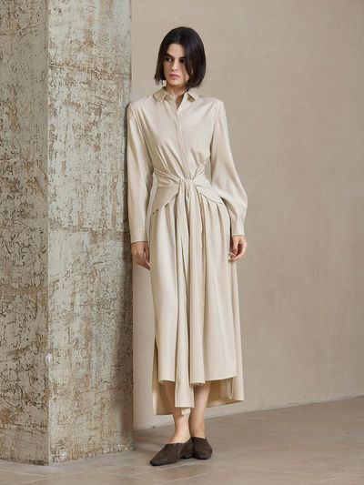 yyiam Tie Waist Long Sleeve Midi Shirt Dress [Light Beige, Blue]