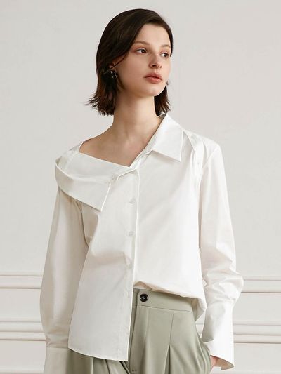 yyiam White Simple One Shoulder Shirt