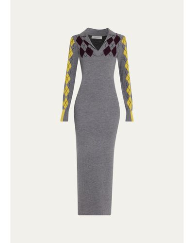 ZANKOV Raisa Reverse Argyle Wool Knit Empire Maxi Polo Dress