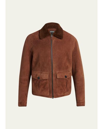 ZEGNA Men's Suede Short Shearling-Collar Aviator Jacket