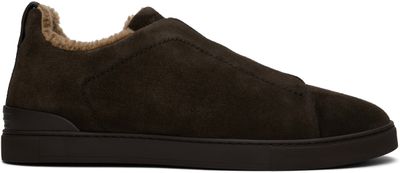 ZEGNA ZEGNA Brown Suede Triple Stitch Sneakers