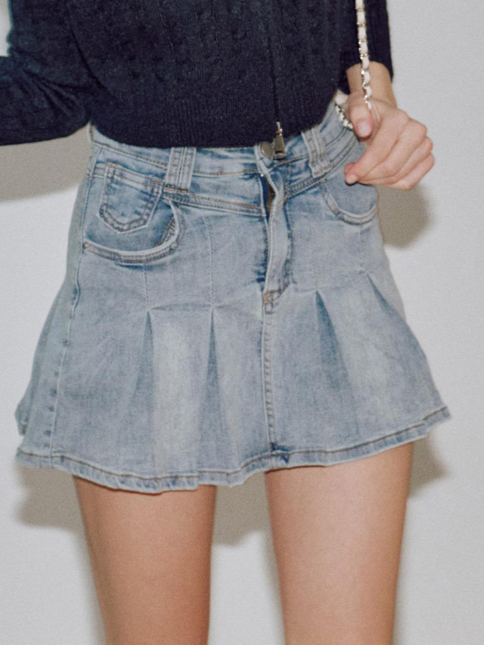 ZEROPLANET Nikita Denim Pleated Skirt Pants Mini Skirt [LIGHT DENIM]