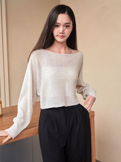 ZEROSTREET Boat Neck Linen Sweater In Light Beige