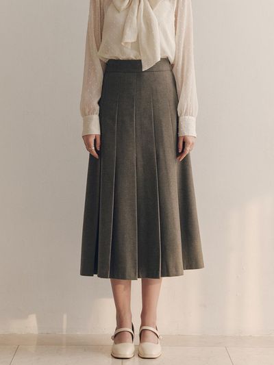 ZEROSTREET Long Pleated Mermaid Belt Skirt [Brown]