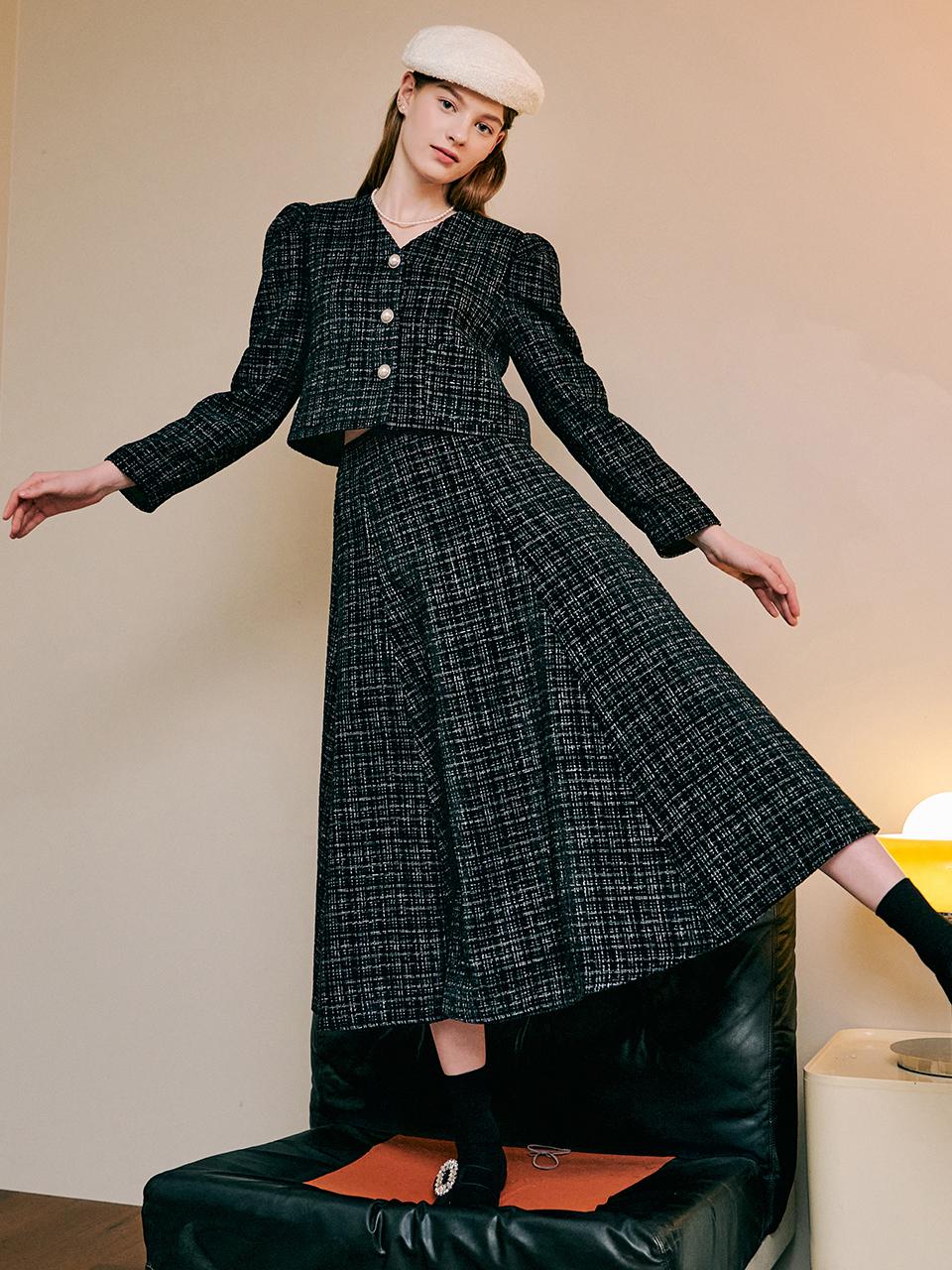 ZEROSTREET [SET] V Neck Tweed Jacket&Skirt_Black