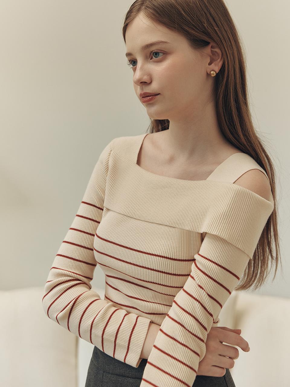 ZEROSTREET Stripe Asymmetrical Off-Shoulder Sweater_7 Colors
