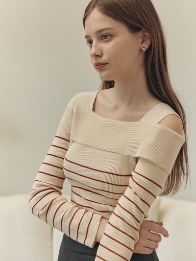 ZEROSTREET Stripe Asymmetrical Off-Shoulder Sweater_7 Colors