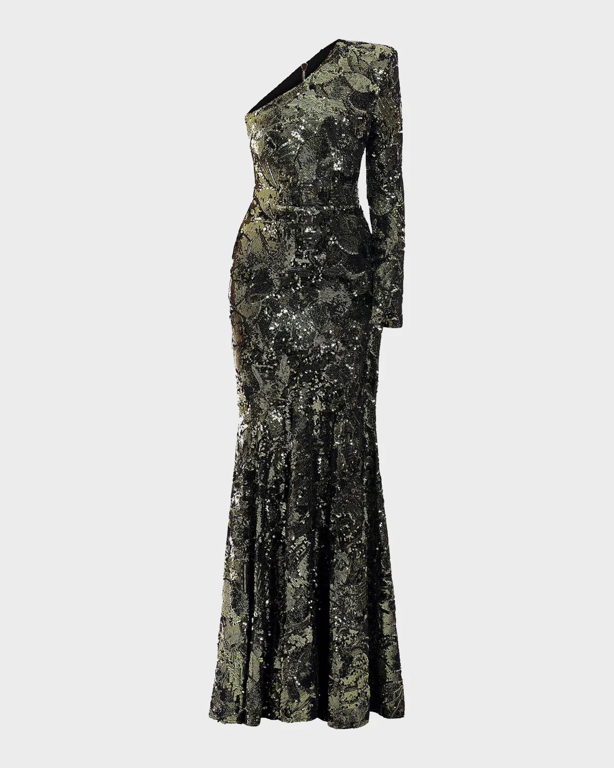 ZHIVAGO This Is Not Her Sequined One-Shoulder Mermaid Gown