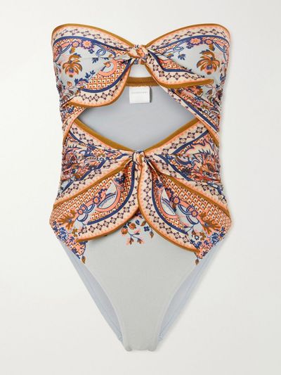 ZIMMERMANN Aster strapless knot-detailed cut-out printed swimsuit