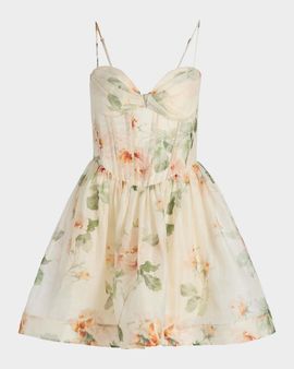 Zimmermann Carousel Floral Linen-Silk Corset Minidress