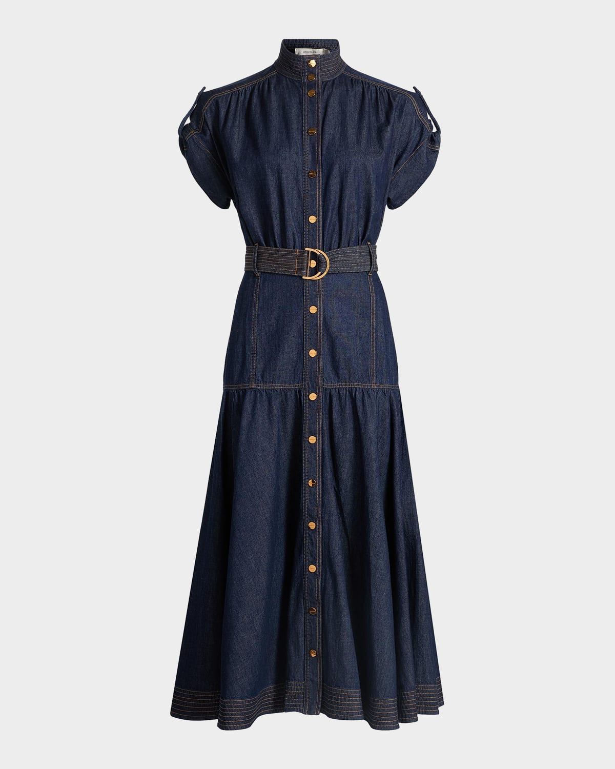 Zimmermann Denim Belted Puff Sleeve Midi Dress