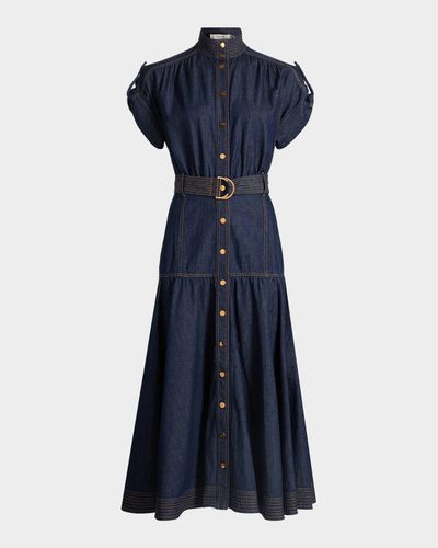 Zimmermann Denim Belted Puff Sleeve Midi Dress