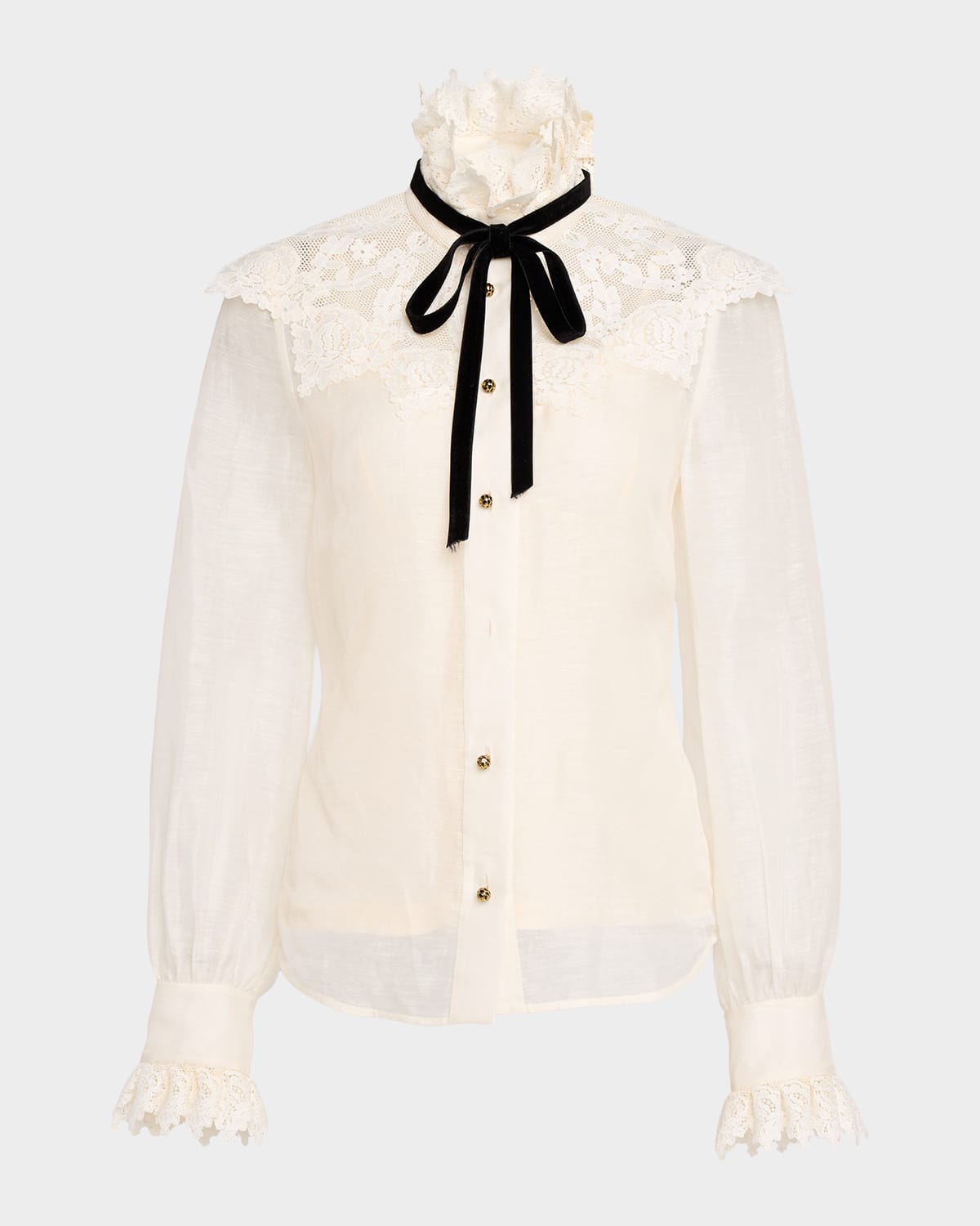 Zimmermann Luna Collared Neck-Tie Lace Blouse