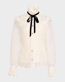 Zimmermann Luna Collared Neck-Tie Lace Blouse