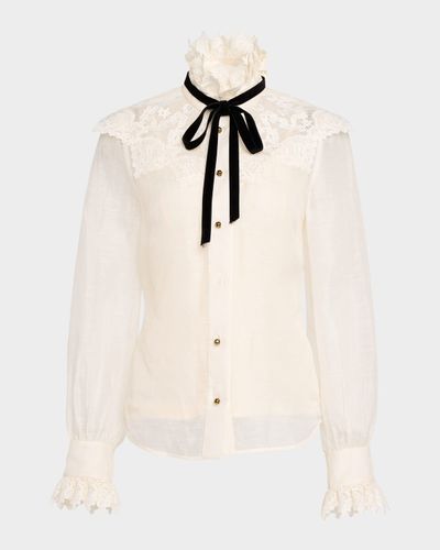 Zimmermann Luna Collared Neck-Tie Lace Blouse