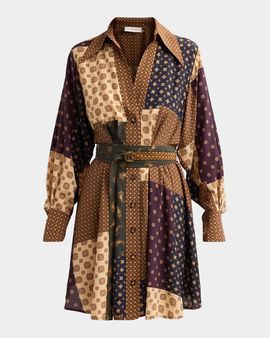 Zimmermann Tuck Patchwork Belted Mini Shirtdress