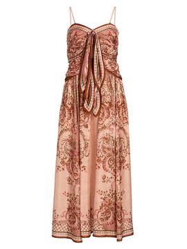 knee length dresses for ladies Zimmermann Matchmaker Frilled Midi Dress Pink Bandana Linen – Naked Pear main image 0