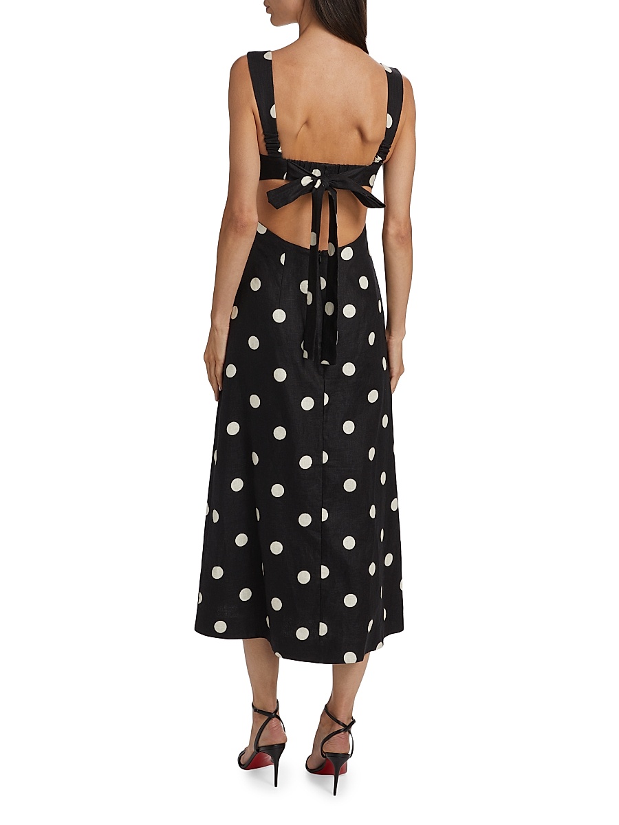 knee length dresses for ladies Black and Cream Polka Dot Pleated Tiered Midi Dress