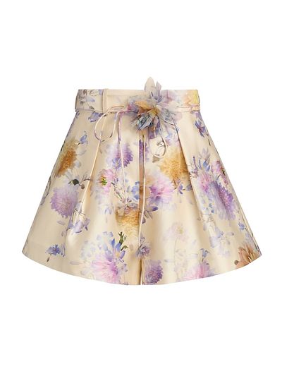 Zimmermann Women's Luna Floral Silk-Cotton Tuck Shorts