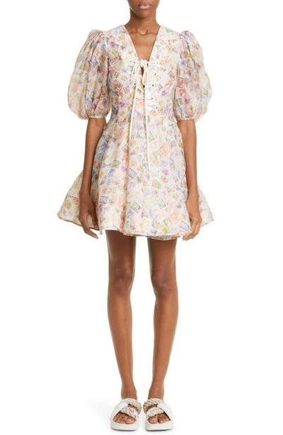 Zimmermann Zimmermann High Tide Lace-Up Puff Sleeve Linen & Silk Babydoll Minidress