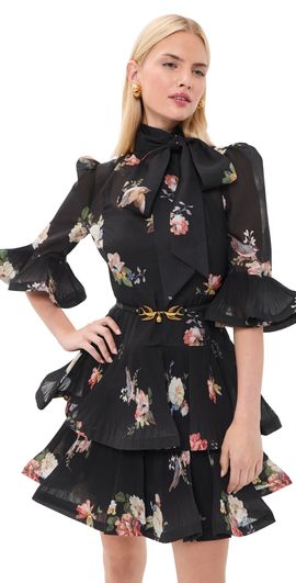 Zimmermann Zimmermann Pleated Sleeved Mini Dress Black Bird Print