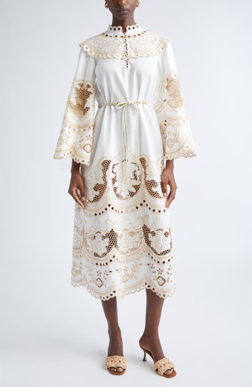 Zimmermann - Scalloped Eyelet Trim Belted Linen Midi Dress