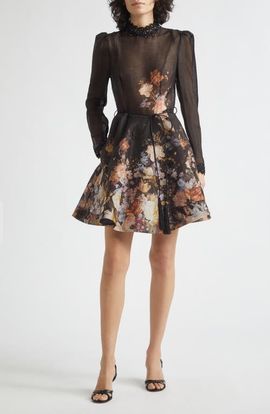 Zimmermann Zimmermann Valiant Embellished Floral Long Sleeve Linen & Silk Organza Dress