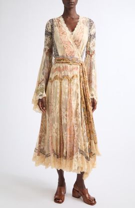 Zimmermann Zimmermann Valiant Floral Long Sleeve Silk & Lace Wrap Dress