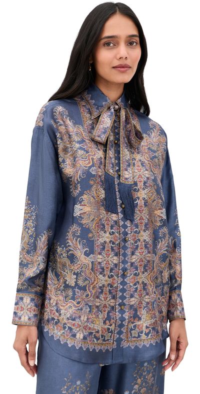Zimmermann Zimmermann Valiant Relaxed Silk Button Down Shirt Navy Paisley