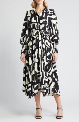 ZOE AND CLAIRE ZOE AND CLAIRE Abstract Print Long Sleeve Tie Belt Midi Dress