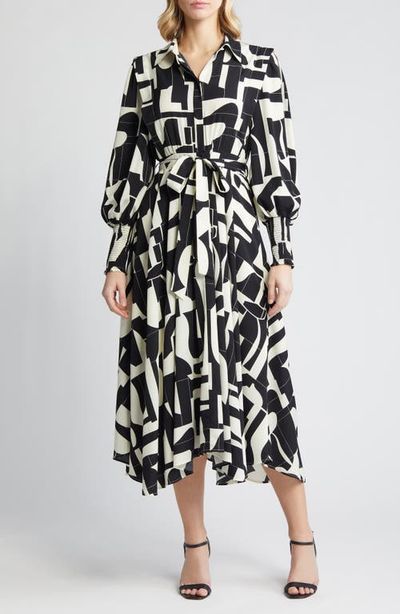 ZOE AND CLAIRE ZOE AND CLAIRE Abstract Print Long Sleeve Tie Belt Midi Dress
