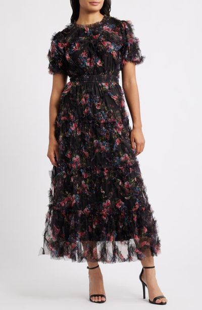 ZOE AND CLAIRE - Floral Print Ruffle Mesh Maxi Dress