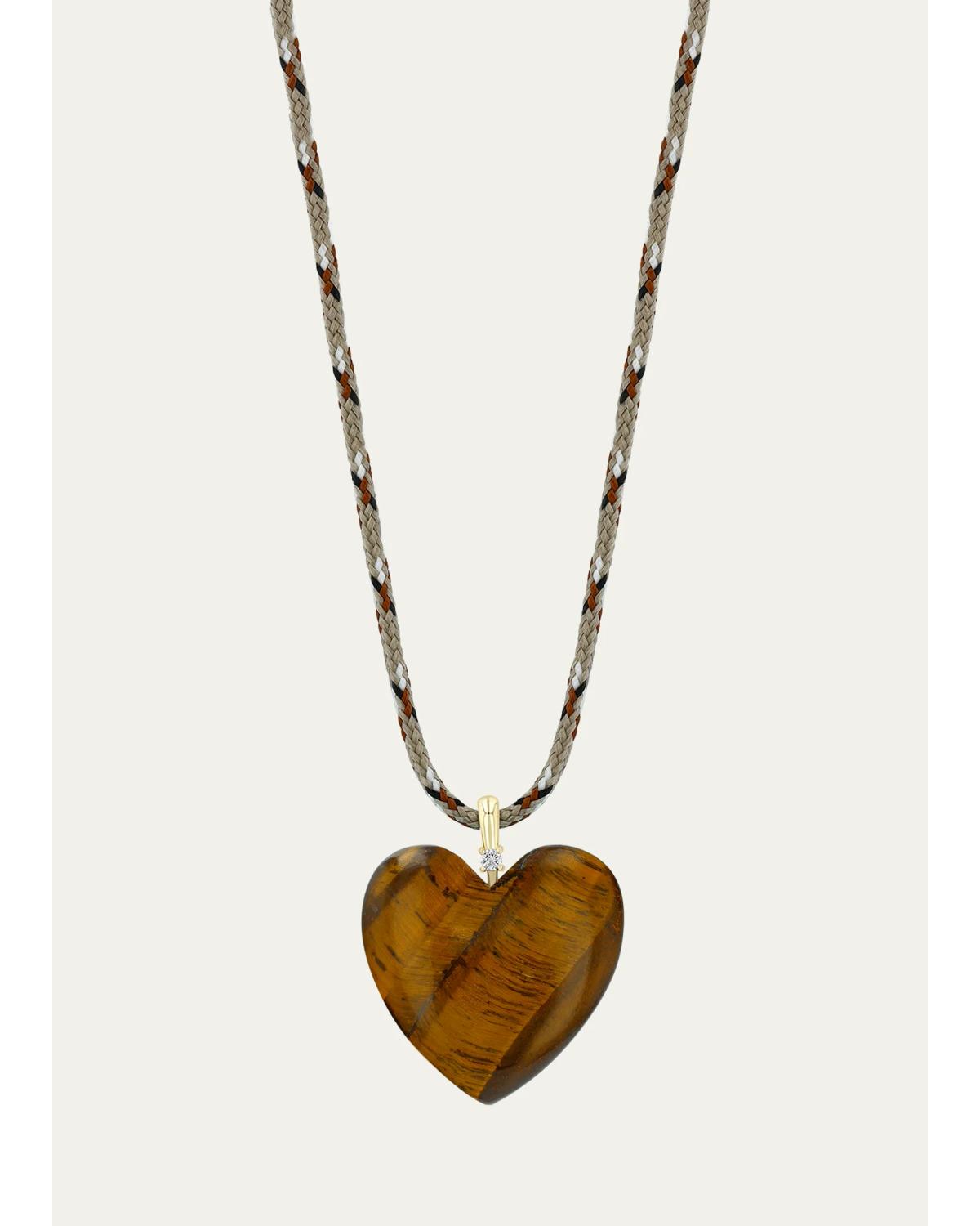 Zoe Chicco 14k Large Tiger Eye Heart with Diamond Bail Pendant Paracord Necklace