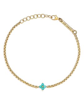 Zoe Chicco Zoe Chicco 14K Yellow Gold Turquoise Gemstones Flower Cluster Box Link Chain Bracelet