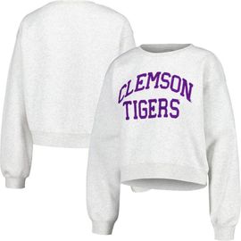 ZOOZATZ Women's ZooZatz Oatmeal Clemson Tigers Core Chenille Cropped Pullover Sweatshirt 